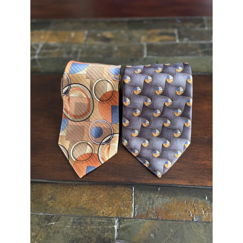 TWO Arrow & Meeting Street Vintage Silk Neckties Tan Brown Blue geometric circle